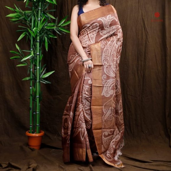 Exclusive Brown Pure Tussar Silk Hand Painted Saree - Picture 8 of 8